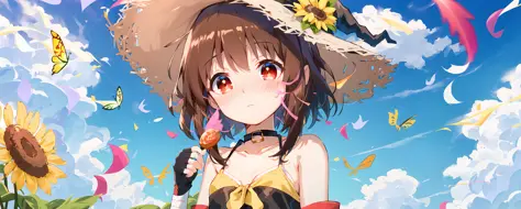 Indian style,1girl,solo,straight-on,megumin, kono subarashii sekai ni shukufuku wo!, 1girl, solo, hat, witch hat, brown hair, short hair with long locks, red eyes, blush, black choker, collarbone, flat chest, black gloves, fingerless gloves, belt, brown belt, gold trim, asymmetrical legwear, mismatched legwear, bandaged leg, black thighhighs,<lora:meguminKonosuba_meguminArchWizard:1>,
(Expressionless:1.5),extremely detailed CG unity 8k wallpaper,illustration,lens 135mm,masterpiece, best quality,young girl,naughty face,
(midday:1.5),(sunny:1.5),(Blue sky:1.2),(cloud),in summer,(Fluttering streamers:1.5),in summer,midday,sunny,shore,beach,Splashes, sunlight, bubbles,bikini,Blush,