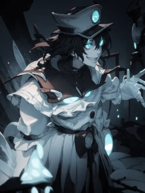 anime girl with a hat and a sword in a dark room