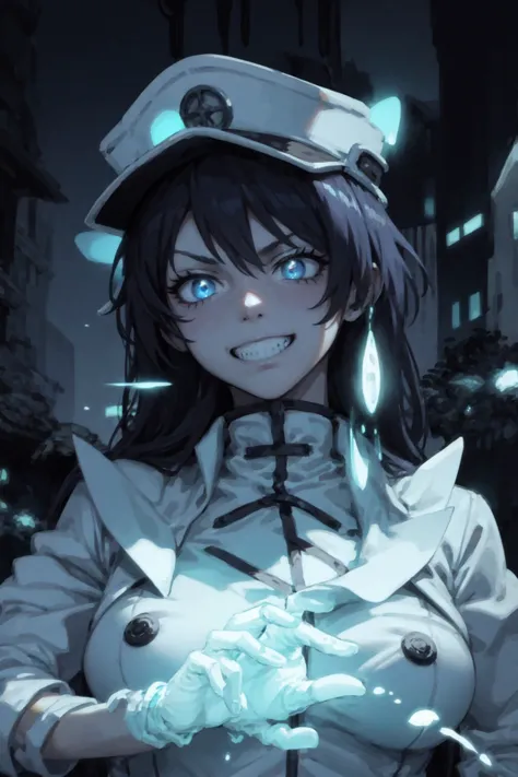 anime girl with blue eyes and a white hat holding a glowing ball