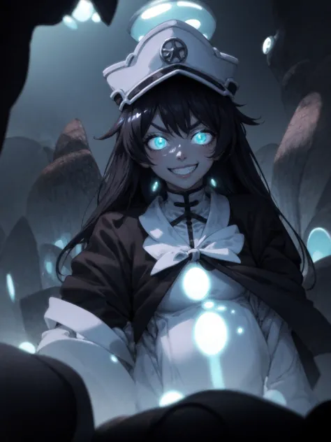 (masterpiece, best quality:1.3), <lora:bambietta-05:1.0> ,1girl, black hair, blue eyes, white military uniform, white uniform,  hat,  gloves, <lora:Gloomifier_V2_TheGlow:2> , glowing, (light pink bioluminescence:1.1), (deep crimson particles:1.1), menacing, evil grin, parted lips, detailed face, detailed hair, detailed clothes,