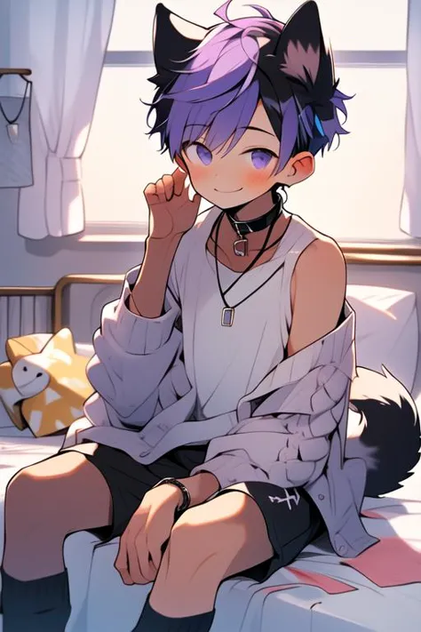 (masterpiece, best quality:1.2), illustration, absurdres, highres, extremely detailed, perfect face, 1boy, male focus, (adult male:1.2), sitting on bed, purple hair, short hair, messy hair, purple eyes, blue off the shoulder sweater, black sport shorts, bulge, black thigh highs, dog collar, flat chest, thick thighs, tall, smiling, looking at viewer, dog ears, dog tail, femboy, otoko no ko,