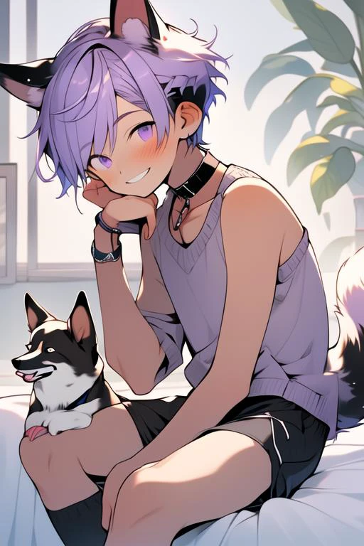 (masterpiece, best quality:1.2), illustration, absurdres, highres, extremely detailed, perfect face, 1boy, male focus, (adult male:1.2), sitting on bed, purple hair, short hair, messy hair, purple eyes, blue off the shoulder sweater, black sport shorts, bulge, black thigh highs, dog collar, flat chest, thick thighs, tall, smiling, looking at viewer, dog ears, dog tail, femboy, otoko no ko,