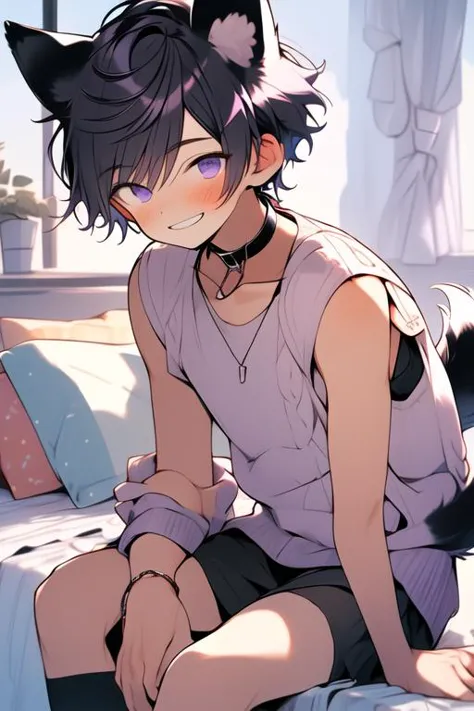 (masterpiece, best quality:1.2), illustration, absurdres, highres, extremely detailed, perfect face, 1boy, male focus, (adult male:1.2), sitting on bed, purple hair, short hair, messy hair, purple eyes, blue off the shoulder sweater, black sport shorts, bulge, black thigh highs, dog collar, flat chest, thick thighs, tall, smiling, looking at viewer, dog ears, dog tail, femboy, otoko no ko,