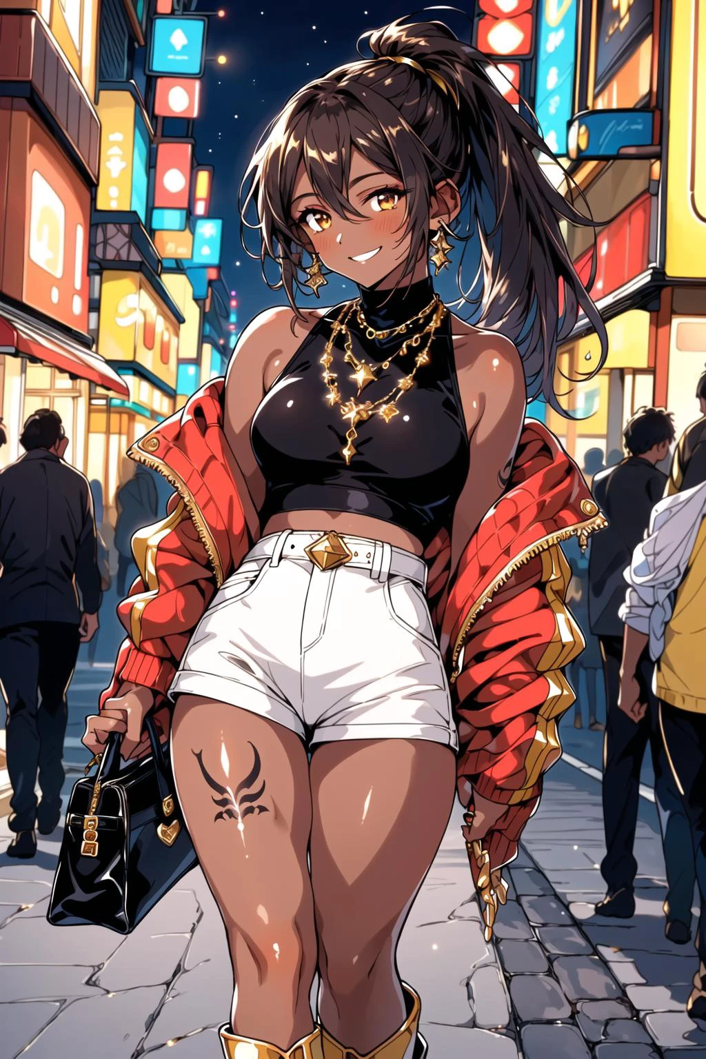 [(Vibrant nightlife:1.2)::5], (masterpiece, high resolution, ultra detailed, captivating artwork:1.15), (dark-skinned anime girl:), (bright brown eyes:1.1), (green long two-sided ponytail:), (gold-plated hotpants:), (gold-plated boots:), (red shiny silver top:), (jewelry:), (white fur handbag:), (tattoos:), (smokey eye makeup:), (black eyeliner:), (walking the street at night:), (neon lights:), (vibrant colors:), (crowded with people:), (energetic atmosphere:), (city nightlife:)., smiling,