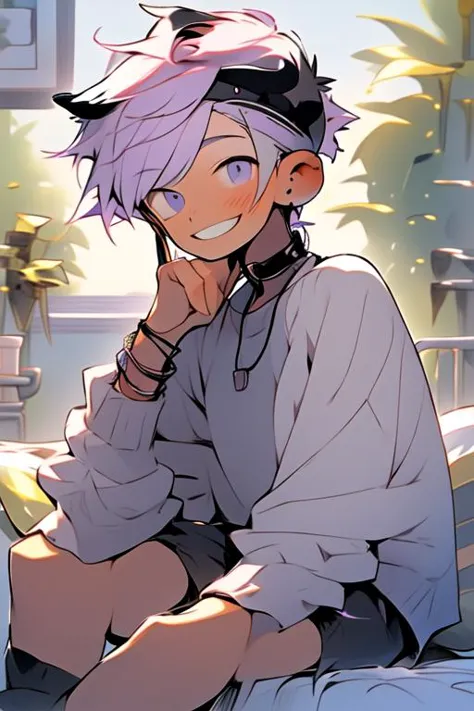 (masterpiece, best quality:1.2), illustration, absurdres, highres, extremely detailed, perfect face, 1boy, male focus, (adult male:1.2), sitting on bed, purple hair, short hair, messy hair, purple eyes, blue off the shoulder sweater, black sport shorts, bulge, black thigh highs, dog collar, flat chest, thick thighs, tall, smiling, looking at viewer, dog ears, dog tail, femboy, otoko no ko,