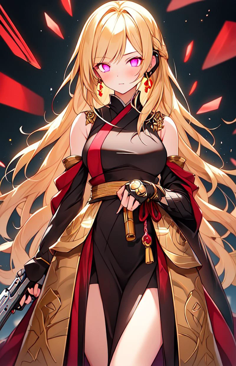 1 girl, 20 years old, tall, best quality, perfect face, bleached blonde hair, Long hair, hair with bangs, bright glowing eyes, dual tone eyes, top half pink eyes, bottom half purple eyes, black dress, long dress, japanese dress, silk dress, holding weapon, golden revolver, golden gun, holding gun, using black headset, laboratory setting, laboratory scenery