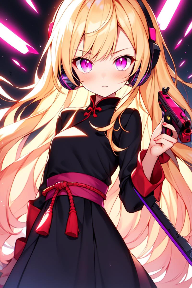 1 girl, best quality, perfect face, bleached blonde hair, Long hair, hair with bangs, bright glowing eyes, dual tone eyes, top half pink eyes, bottom half purple eyes, laboratory background, apocalypse background, black dress, long dress, japanese dress, silk dress, holding weapon, holding golden revolver, holding gun, using black headset