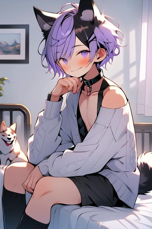 (masterpiece, best quality:1.2), illustration, absurdres, highres, extremely detailed, perfect face, 1boy, male focus, (adult male:1.2), sitting on bed, purple hair, short hair, messy hair, purple eyes, blue off the shoulder sweater, black sport shorts, bulge, black thigh highs, dog collar, flat chest, thick thighs, tall, smiling, looking at viewer, dog ears, dog tail, femboy, otoko no ko,