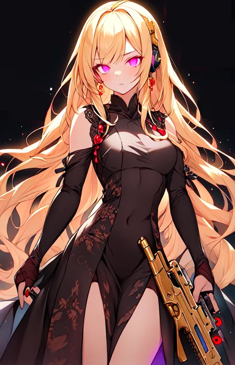 1 girl, tall, best quality, perfect face, bleached blonde hair, Long hair, hair with bangs, bright glowing eyes, dual tone eyes, top half pink eyes, bottom half purple eyes, laboratory, apocalypse background, black dress, long dress, japanese dress, silk dress, holding weapon, golden revolver, golden gun, holding gun, using black headset