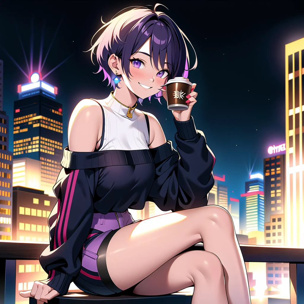 8k, full body, (masterpiece, best quality:1.2), illustration, absurdres, highres, extremely detailed, perfect face, 1gril, female focus, (female:1.2), Drink coffee, city background, night,  purple hair, short hair, messy hair, purple eyes, blue off the shoulder sweater, black sport shorts, bulge, tall, smiling, looking at viewer,