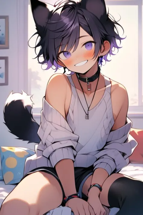 (masterpiece, best quality:1.2), illustration, absurdres, highres, extremely detailed, perfect face, 1boy, male focus, (adult male:1.2), sitting on bed, purple hair, short hair, messy hair, purple eyes, blue off the shoulder sweater, black sport shorts, bulge, black thigh highs, dog collar, flat chest, thick thighs, tall, smiling, looking at viewer, dog ears, dog tail, femboy, otoko no ko,