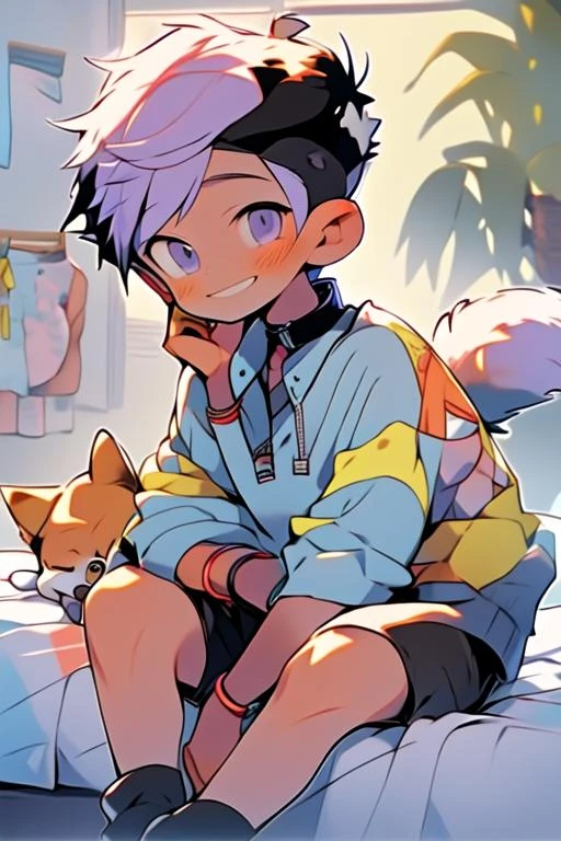 (masterpiece, best quality:1.2), illustration, absurdres, highres, extremely detailed, perfect face, 1boy, male focus, (adult male:1.2), sitting on bed, purple hair, short hair, messy hair, purple eyes, blue off the shoulder sweater, black sport shorts, bulge, black thigh highs, dog collar, flat chest, thick thighs, tall, smiling, looking at viewer, dog ears, dog tail, femboy, otoko no ko,