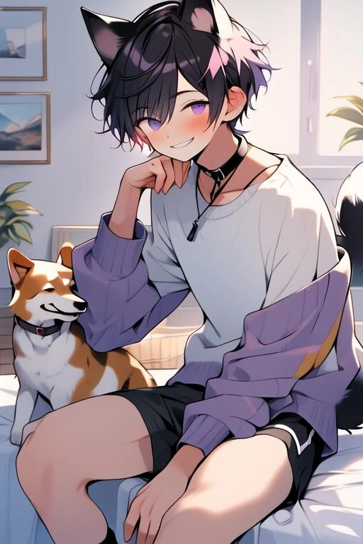 (masterpiece, best quality:1.2), illustration, absurdres, highres, extremely detailed, perfect face, 1boy, male focus, (adult male:1.2), sitting on bed, purple hair, short hair, messy hair, purple eyes, blue off the shoulder sweater, black sport shorts, bulge, black thigh highs, dog collar, flat chest, thick thighs, tall, smiling, looking at viewer, dog ears, dog tail, femboy, otoko no ko,