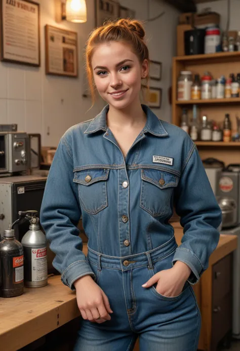 (medium full shot) of (gritty mechanic) young woman, canadian, tan skin, hazel eyes, voluptuous build, short ginger french braid...