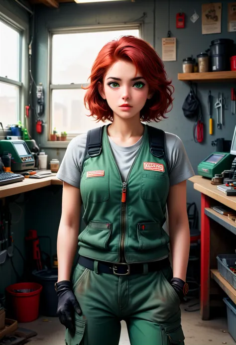 (medium full shot) of (tough mechanic) young woman, persian, ebony skin, dark green eyes, tiny build, medium red retro hair, dir...