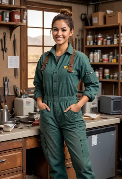 (medium full shot) of (strapping mechanic) young woman, mexican, brown eyes, medium skin tone, tan skin, brown eyes, curvy build...