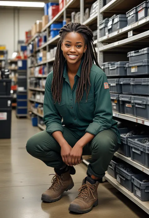 (medium full shot) of (rugged mechanic) young woman, african, dark skin, black eyes, curvy build, long dark dreadlocks hair,  we...