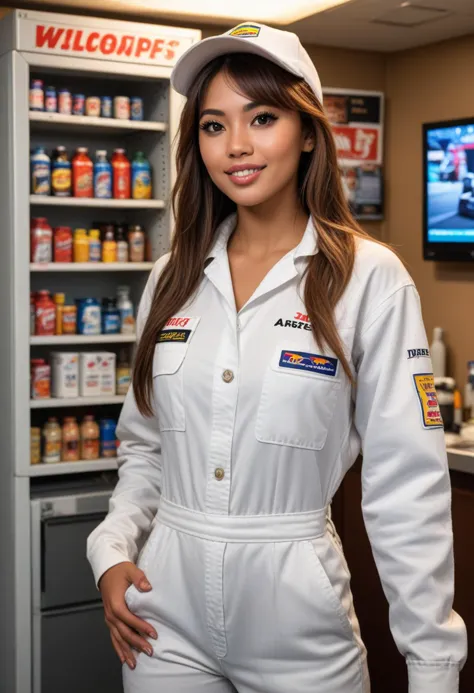 (medium full shot) of (handsome mechanic) young woman, philippine, brown eyes, tan skin, tan skin, light brown eyes, voluptuous ...