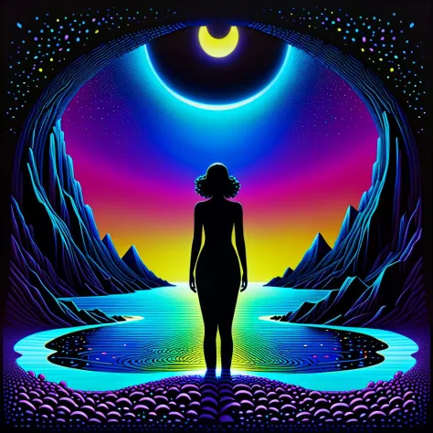 in the style of artgerm, comic style,3D model, mythical seascape, negative space, space quixotic dreams, temporal hallucination, psychedelic, mystical, intricate details, very bright neon colors, (vantablack background:1.5), pointillism, pareidolia, meltin...