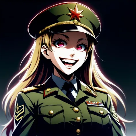  an anime female general glitching out laughing, with a military cap, evil smile, sadistic, grim, 