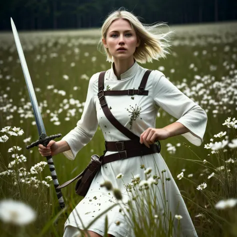 Super Closeup Portrait, action shot, Profoundly dark whiteish meadow, glass flowers, Stains, space grunge style, Jeanne d Arc wearing White Olive green used styled Cotton frock, Wielding thin silver sword, Sci-fi vibe, dirty, noisy, Vintage monk style, ve...