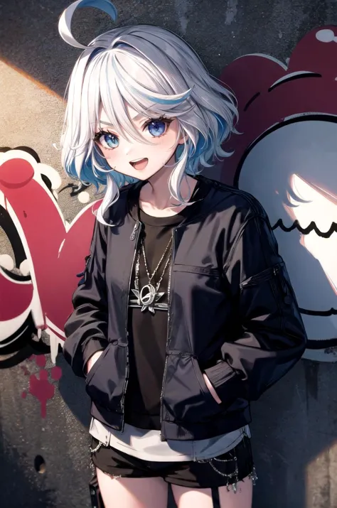 anime girl with blue hair and black jacket standing in front of graffiti wall