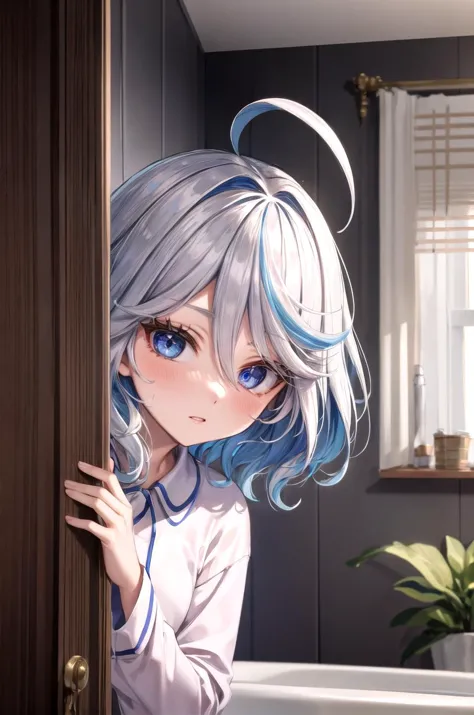 (masterpiece, best quality, detailed), 1girl, solo, looking at viewer, furina, ahoge, long hair, blue eyes, hair between eyes, white hair, streaked hair, blue hair, heterochromia,
pajamas, sleepy, nightcap, indoors, bathroom, tile wall, sink, bathtub, <lora:peeking_out_upper_body_pruned:1.2>, peeking out upper body, opening door, parted lips, blush