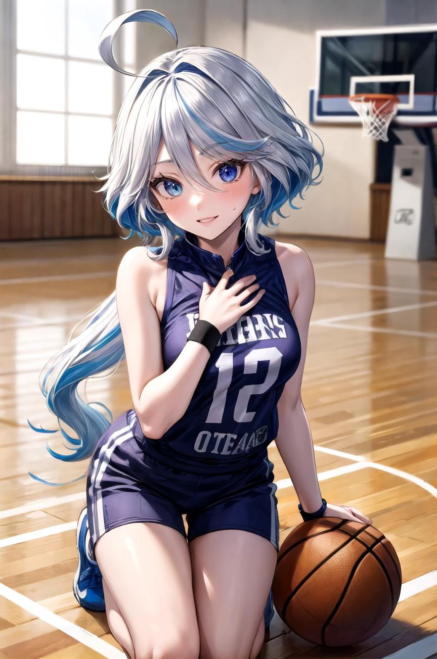 (masterpiece, best quality, detailed), 1girl, solo, looking at viewer, furina, ahoge, long hair, blue eyes, hair between eyes, white hair, streaked hair, blue hair, heterochromia,
basketball jersey, shorts, sweatband, headband, wristband, basketball, school gym, kneeling, hand on own chest, smile, parted lips, heavy breathing, blush