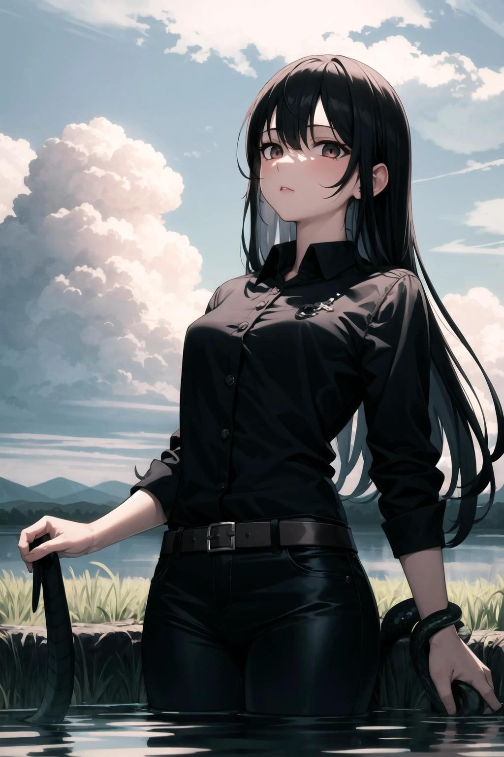masterpiece, best quality, 1girl, long black hair, collared black shirt,buttons, clouds, darkness, black pants, demon, swamp, snakes, jewelry,
