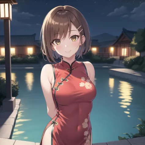 best quality,1girl,looking at viewer,hazel eyes,brown short hair,hair clip,night,pond,arms behind back,sleeveless,choker,chinese...