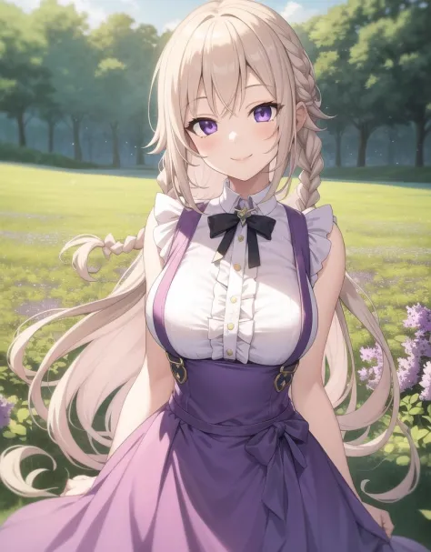 masterpiece,best quality,1girl,field of lilac,looking at viewer,violet eyes,princess,upper body,braids,light blonde hair,long ha...