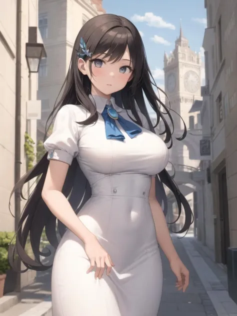 masterpiece,best quality,detailed,1girl,street,large tower,white dress,blue brooch,large breasts,cowboy shot
