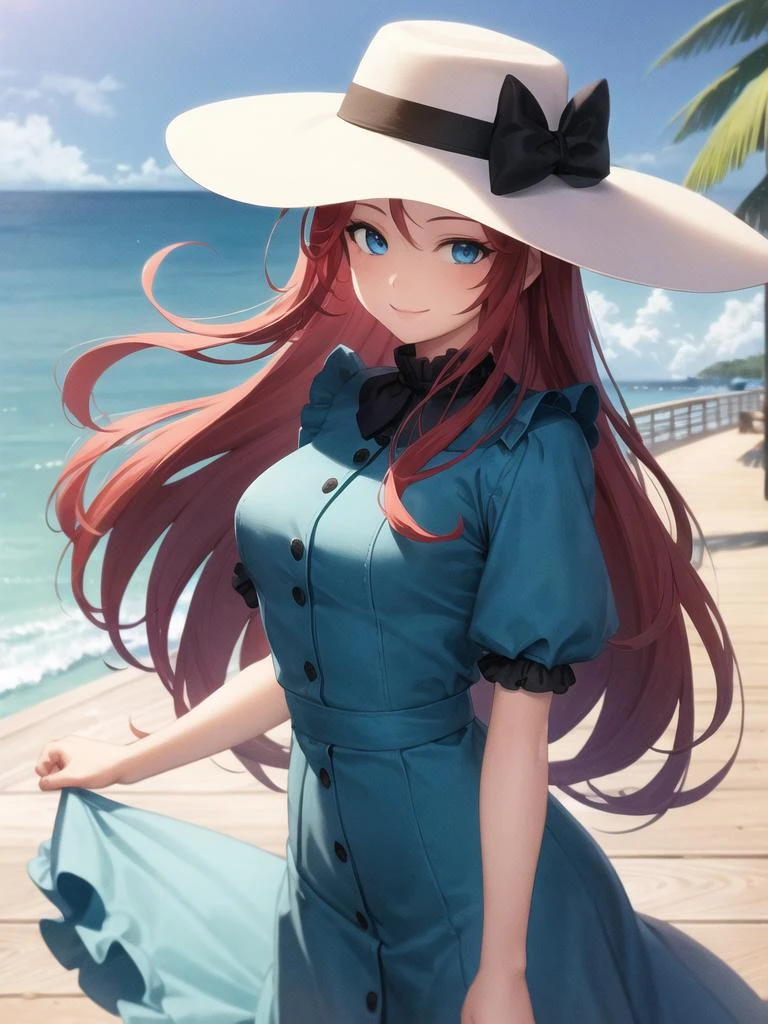 masterpiece,best quality,detailed,1girl,upper body,boardwalk,smile,magnificent ocean in background,long red hair,blue eyes,blue frilled dress,hat,