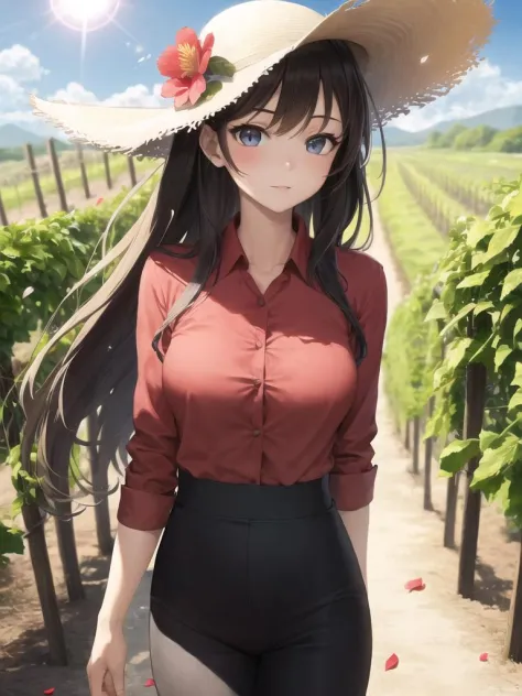 masterpiece,best quality,detailed,1girl,vineyard,blue sky,sun hat,red formal shirt,flower petals