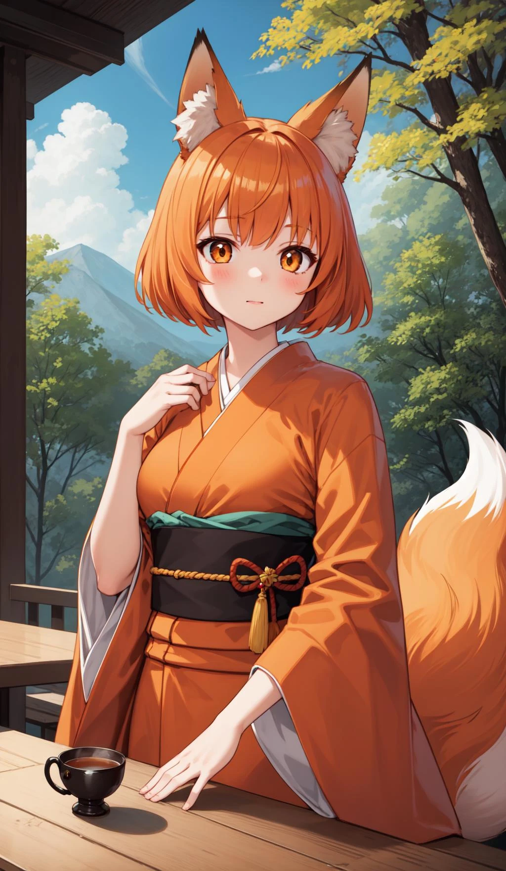 Meisterwerk, beste Qualität, 1 Mädchen, kurze orangefarbene Haare, bangs, Fuchsohren, orangefarbener Kimono, Tisch, Tee, majestätischer Wald, üppige Wolken, Hand unter der Kleidung,