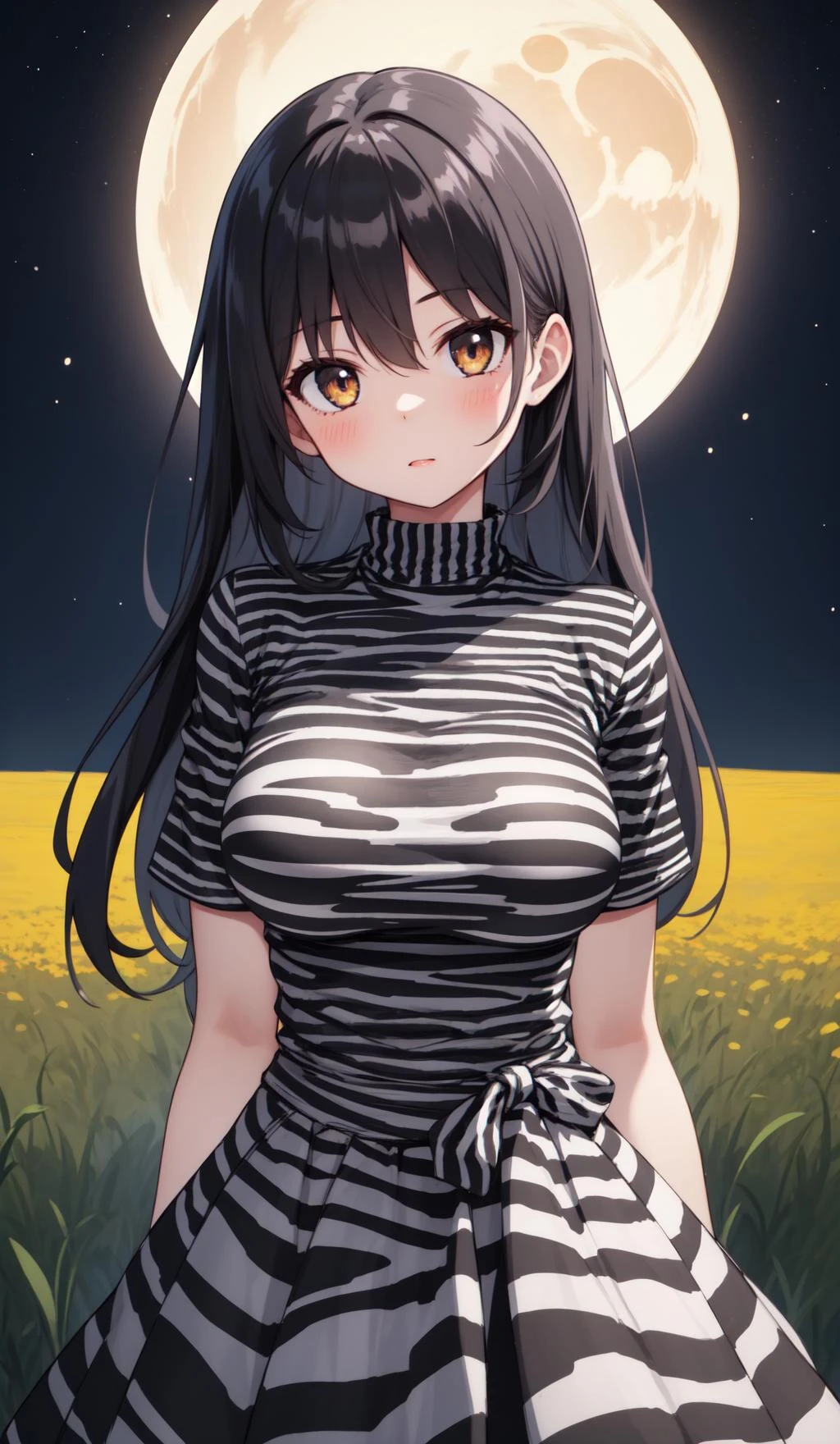 masterpiece, best quality, 1girl, upper body, looking at viewer, detailed, zebra print, dress, long skirt, standing in a field, dark colors, night, eclipse