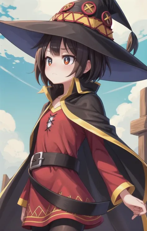 1 girl,cute,looking away from viewer, adorabel girl,cute face,details sky,handsome,young,juvenile,((masterpiece:1.4,best quality)),multiple details,eyeshadow,sfw, (medium  shot:1.5),
crimson  eyes, (black lycra pantyhose:0.8),
 <lora:Megumin_2:1>,
RED DRESS,BARE SHOULDERS,WITCH HAT,CAPE,ASYMMETRICAL LEGWEAR,BELT