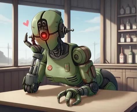 there is a robot sitting at a table with a bottle of wine