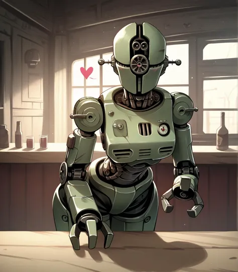 there is a robot sitting on a table in a kitchen