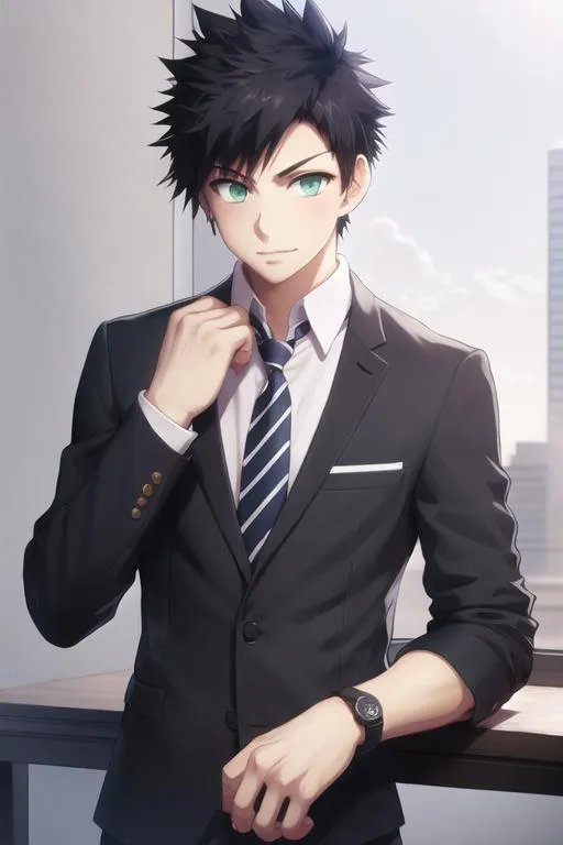 masterpiece, best quality, high quality, 1boy, solo, male focus, looking at viewer, upper body, <lora:tatsuya_bungo:0.54>, tatsuya_bungo, black hair, green eyes, spiked hair, , formal, necktie, dress shirt