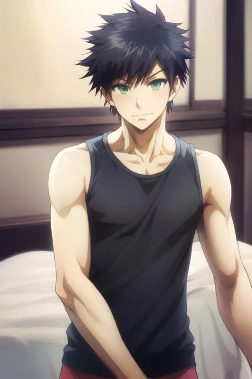 masterpiece, best quality, high quality, 1boy, solo, male focus, looking at viewer, upper body, <lora:tatsuya_bungo:0.72>, tatsuya_bungo, black hair, green eyes, spiked hair, , tank top