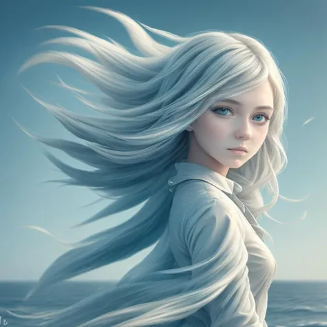 a woman with long white hair standing on the beach