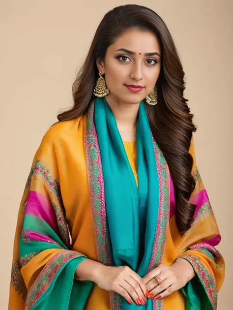 a woman wearing a yellow and green sari with a green stole