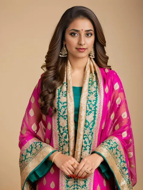 professional portrait photo, fully dressed, beautiful, 25-year-old, wearing intricate Kashmiri Pashmina Suit, flat matte background, desimocha