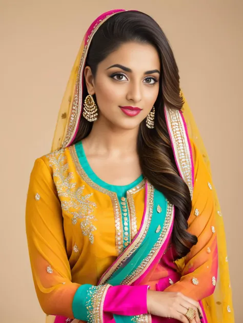 a beautiful indian woman in a yellow and pink outfit