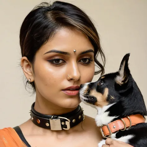 desimocha woman, Priya Mital, messy short hair, (( lip biting, seductive )), wearing dog collar in neck