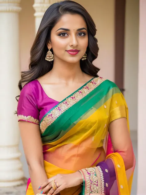 anusha in a colorful sari and gold jewellery