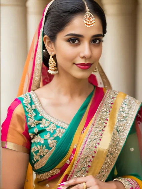 a woman in a colorful sari and jewellery poses for a picture