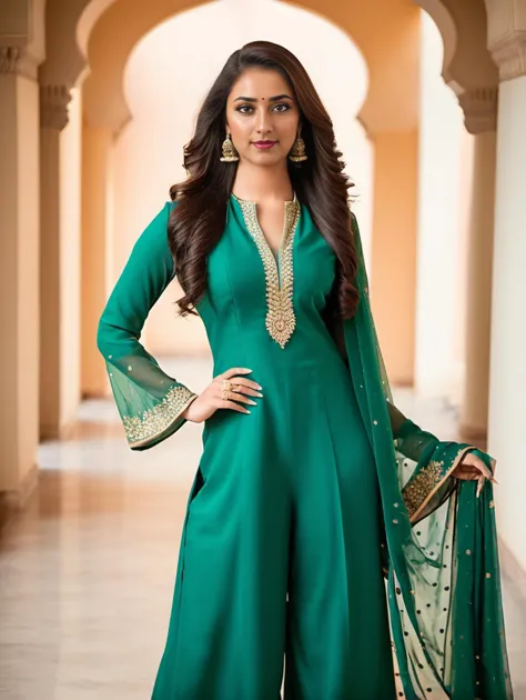 a woman in a green suit and gold jewelry stands in an archway