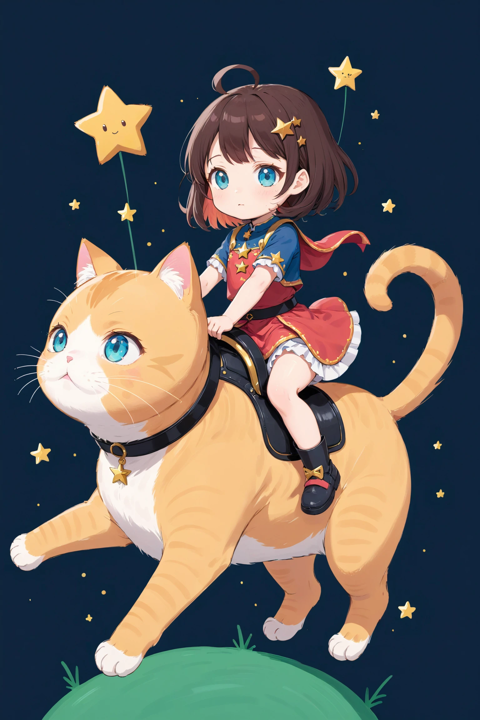 Anime girl riding a cat with a star on her back - SeaArt AI